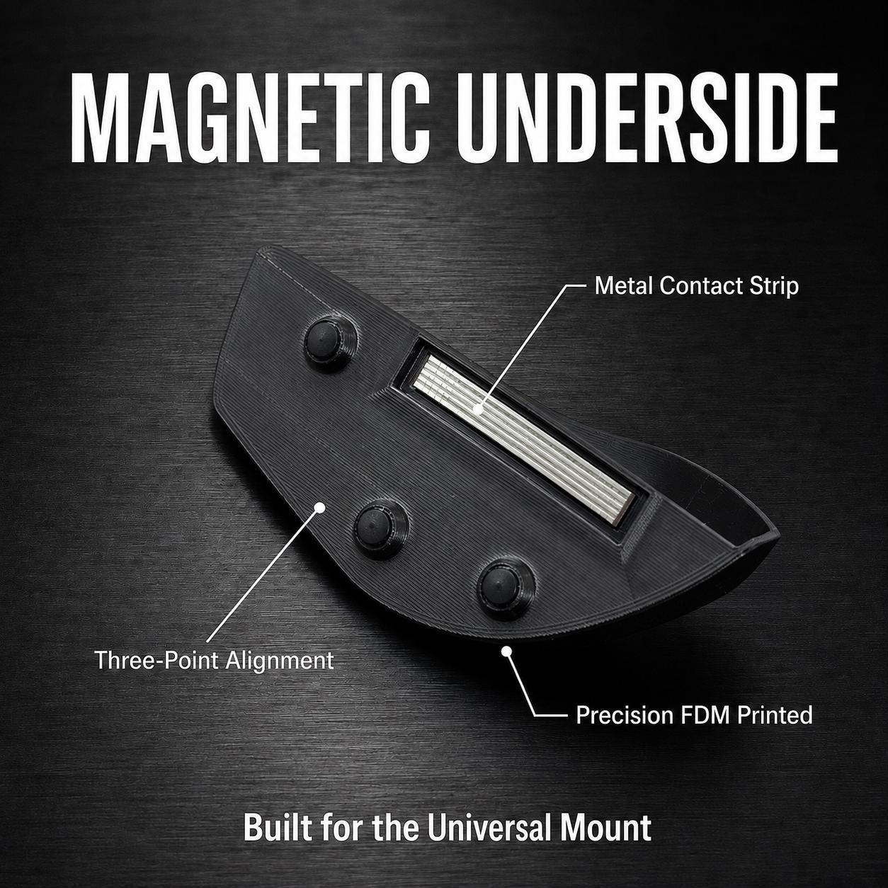 The underside of the magnetic mount, showing the metal contact strip and three-point alignment posts